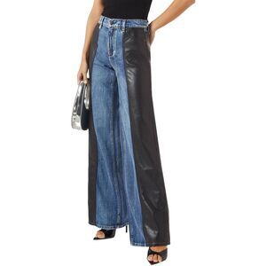 Alice + Olivia Womens Trish Denin & Vegan Leather Baggy Jeans 25 Brooklyn - NWT